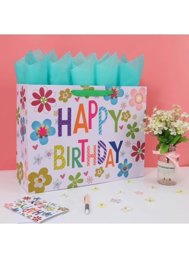CUNUUDOOL Extra Large Colorful Happy Birthday Gift Bag Set with Handles, Greeting Card, Tissue Papers and Stickers for Kids, Women, Girls, Baby Shower, Newborn, New Moms or Parents, 1Pcs 33*12*26cm - Image 2